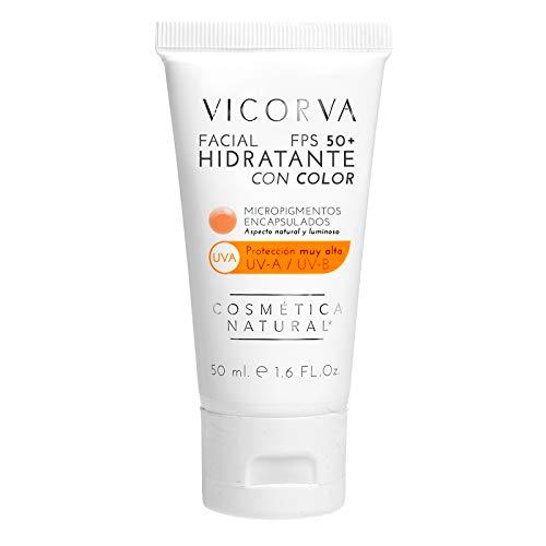 VICORVA HIDRATANTE FACIAL FPS50+ CON COLOR | Crema solar diaria con protección UVA y UVB muy alta | Micropigmentos Encapsulados | Vitamina E y Polímero Hidrolizado de Proteína de Trigo | 50ml