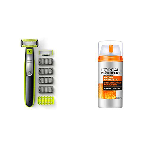 Philips OneBlade Cara + Cuerpo QP2630/30 - Recortador de Barba recargable + L'Oréal Men Expert Crema Hidratante Anti-Fatiga 24h Hydra Energetic para Hombres