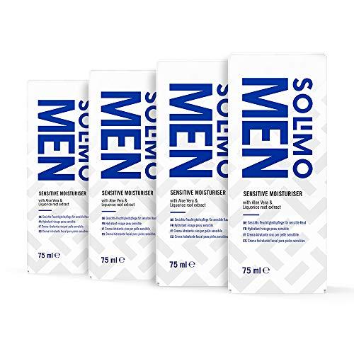 Marca Amazon - Solimo Men Crema hidratante facial Sensitive con aloe vera y extracto de raíz de regaliz, 4x75ml